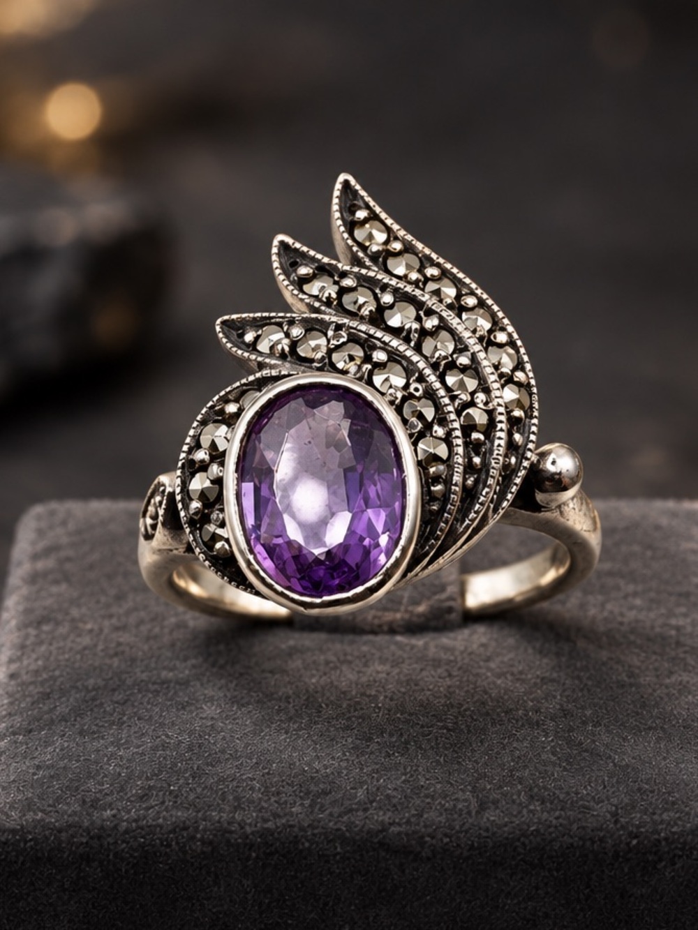 Size 7 Sterling Silver Amethyst, Marcasites Wave Ring
